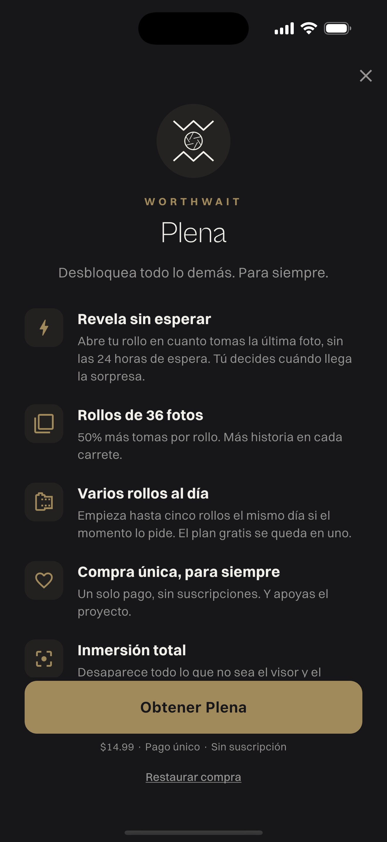 La pantalla de Plena en WorthWait: un solo pago, rollos de 36 fotos