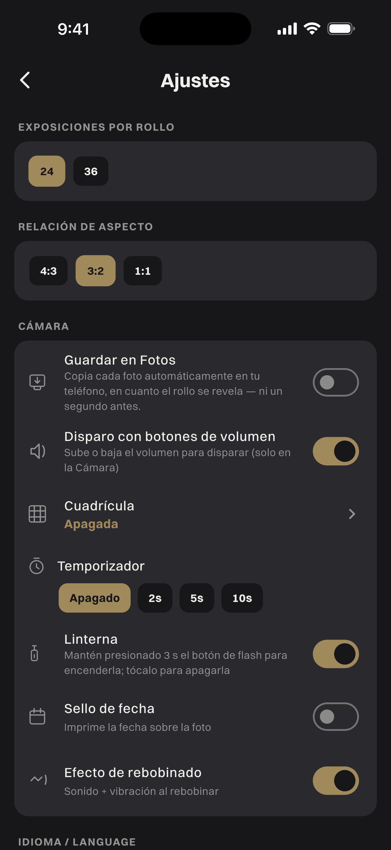 Ajustes de WorthWait: exposiciones por rollo, relación de aspecto y opciones de cámara