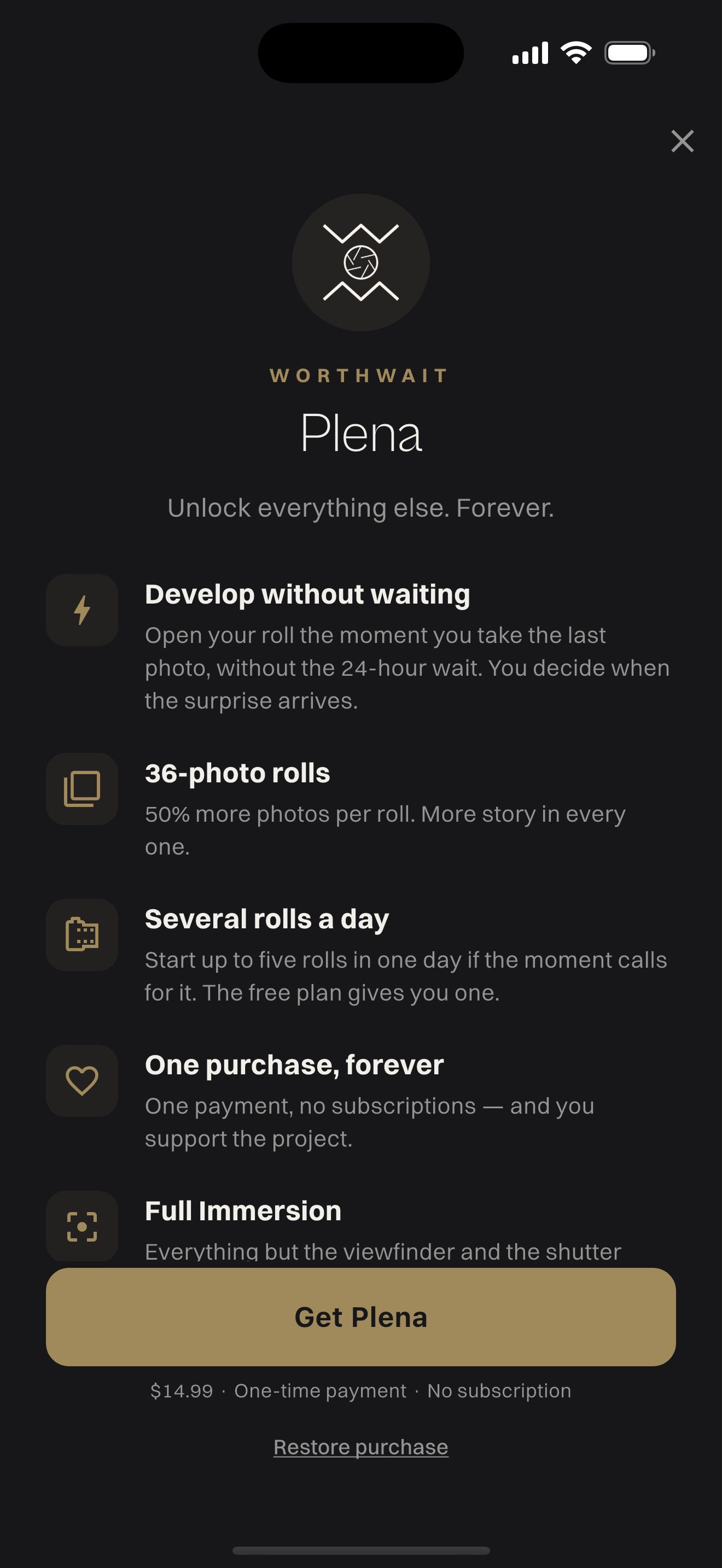 The Plena screen in WorthWait: one-time purchase, 36-frame rolls