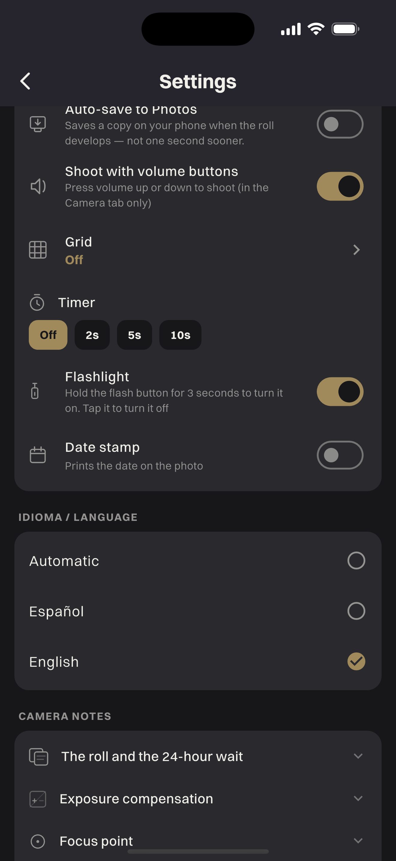 WorthWait settings: language and camera notes