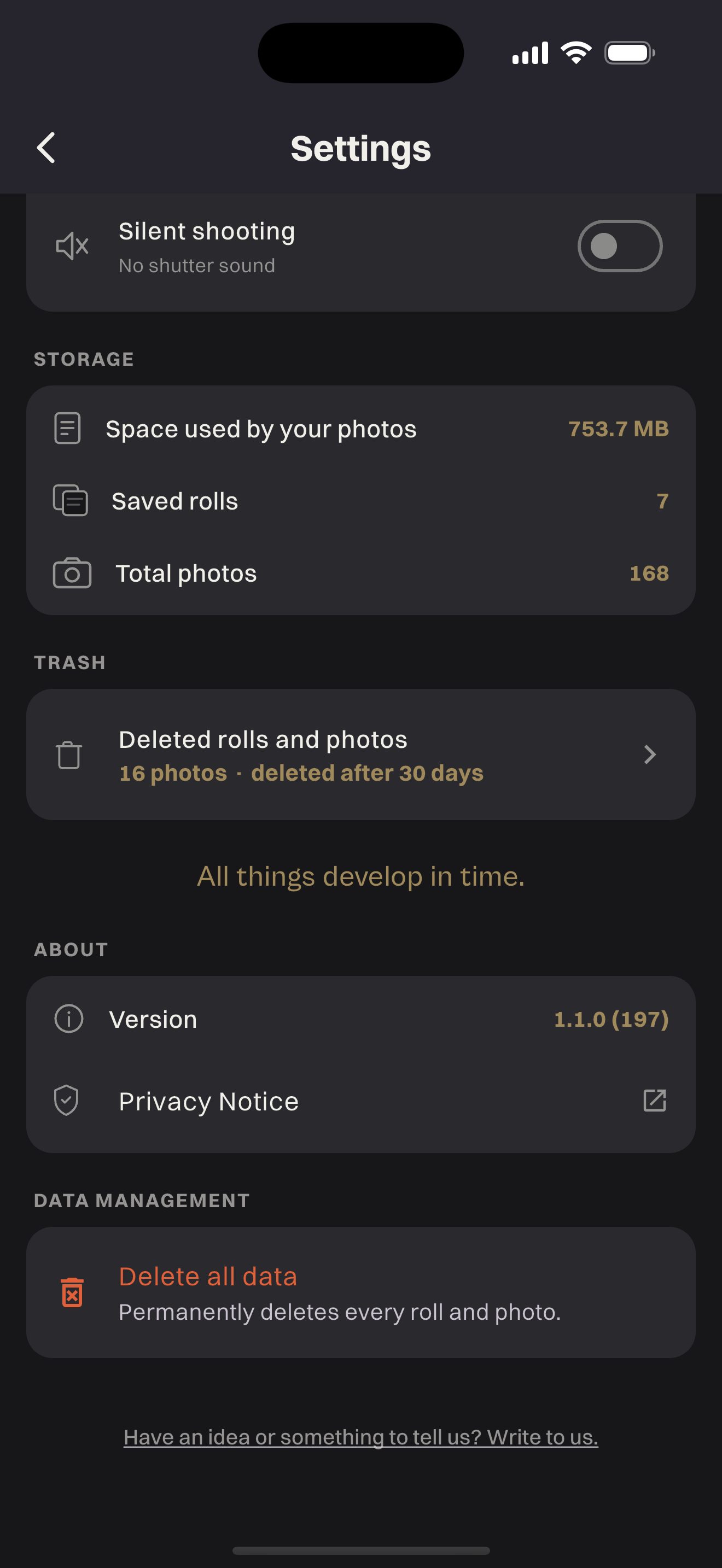 WorthWait settings: silent shooting, storage and trash